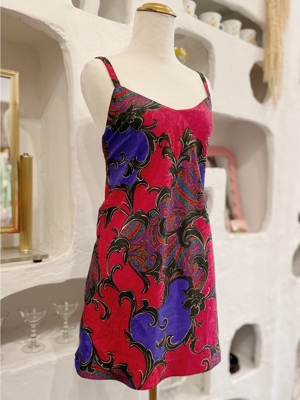 90s Vintage Vibrant Floral Baroque Print Satin Slip Dress in Hot Pink and Purple